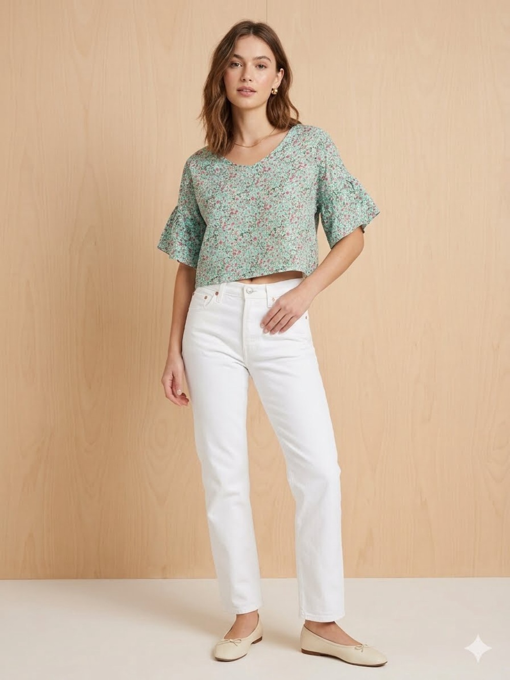 Light Blue Floral Linen V-Neck Short Sleeve Blouse - Women's